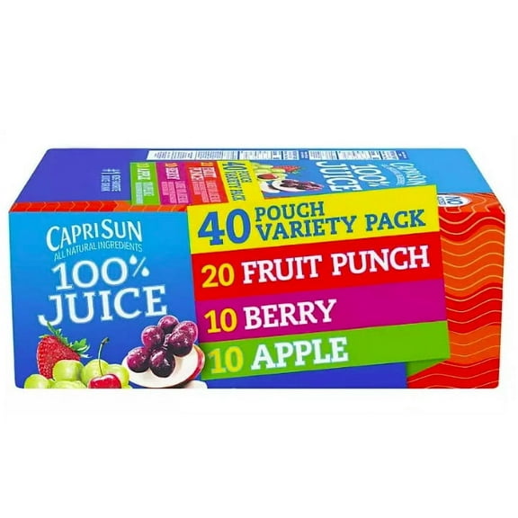 Dana Market - Capri Sun 100% Juice Variety Pack Box Pouches 6 fl. Oz. Pouches Flavors: Fruit Punch, Berry and Apple Juice (Pack of 40)