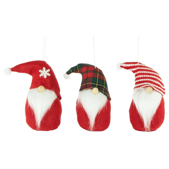 Northlight Plush Gnomes Christmas Ornaments with Striped, Plaid and Snowflake Hats - 4.5"