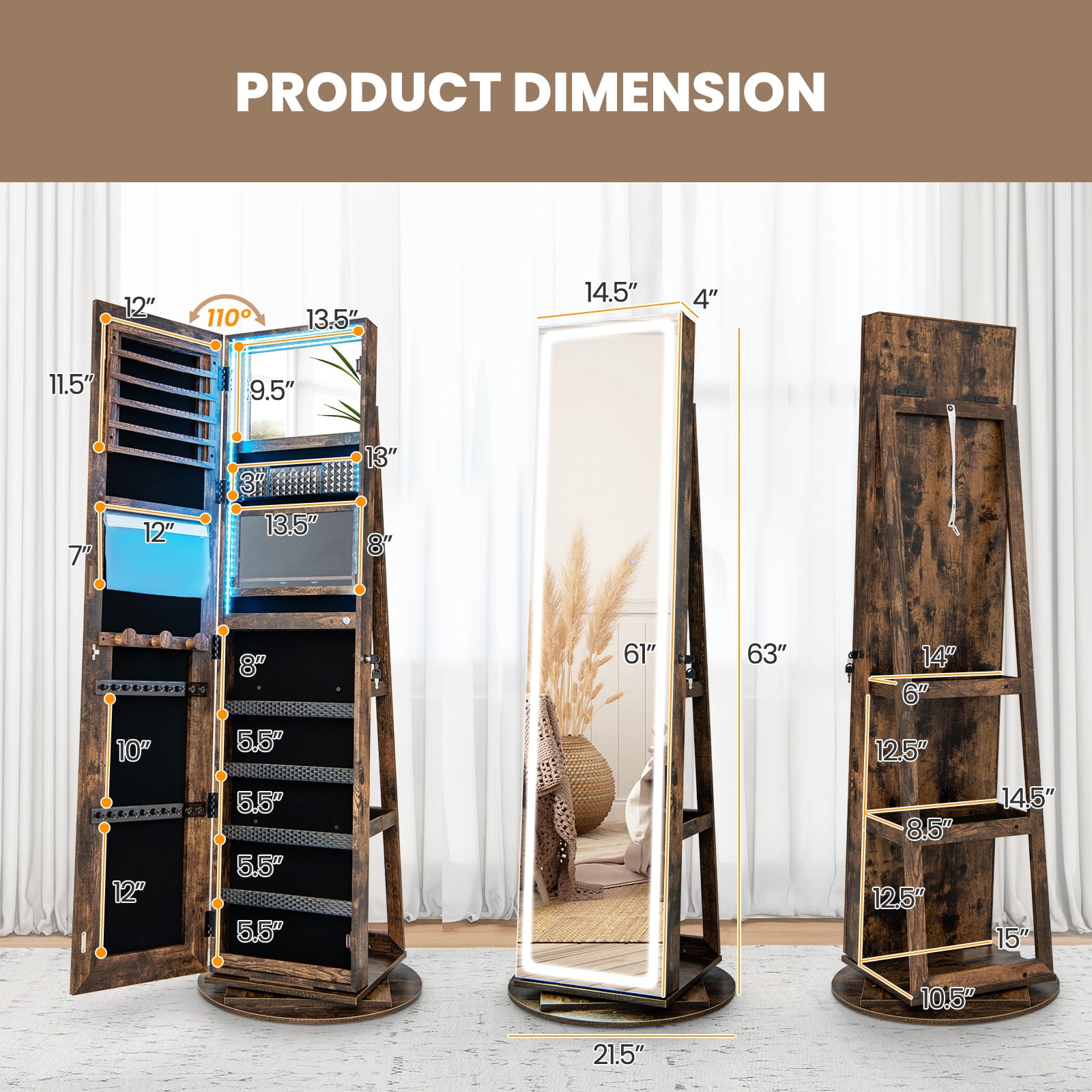 Costway 360° Swivel Jewelry Cabinet Organizer 3-Color LED Mirror with Built-in Lights Coffee