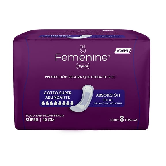 Toalla para Incontinencia Depend Femenine anatómica súper 8 piezas