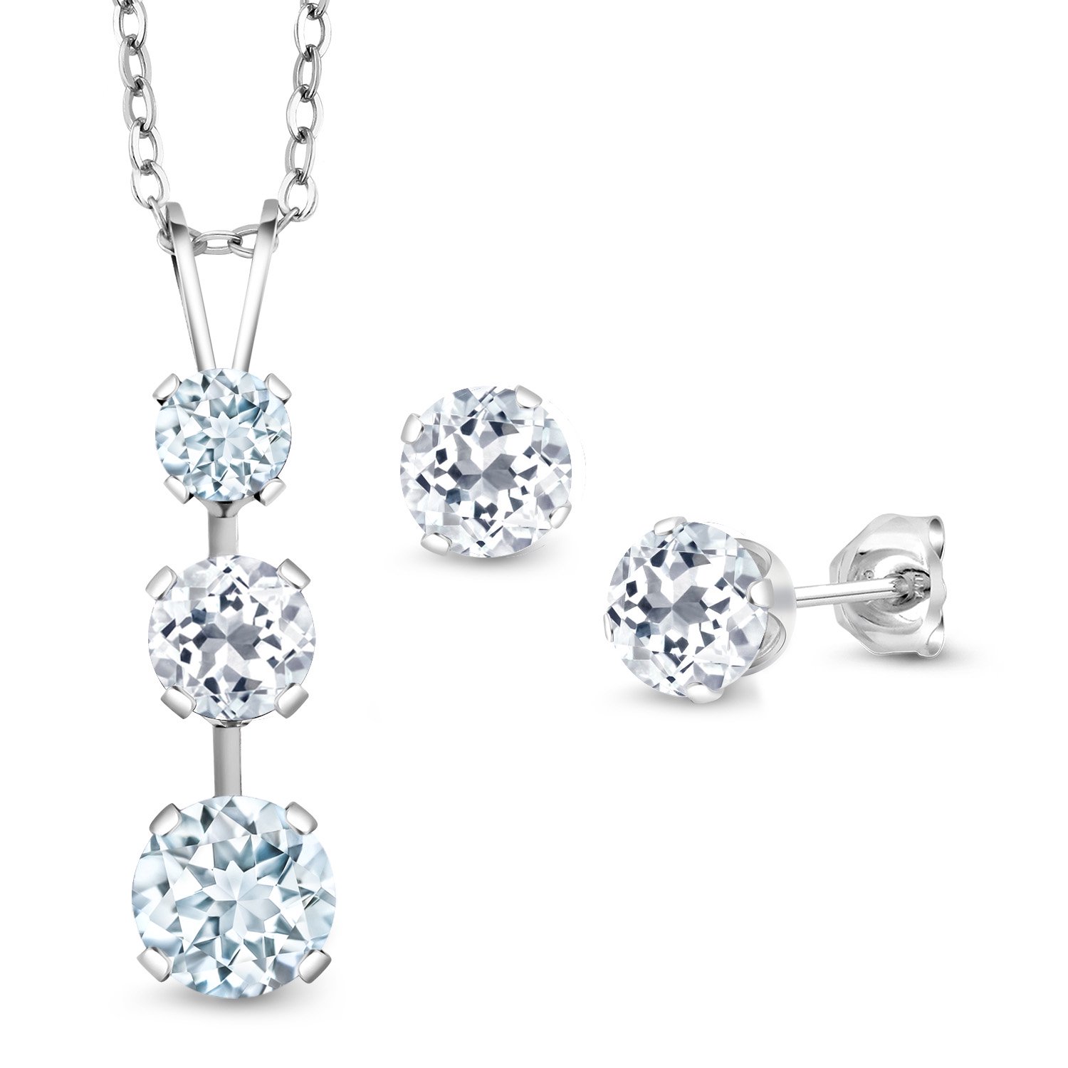 Gem Stone King 925 Sterling Silver Sky Blue Aquamarine and White Topaz Pendant and Earrings Jewelry Set for Women (2.80 Cttw, Gemstone March Birthstone, with 18 inch Chain)