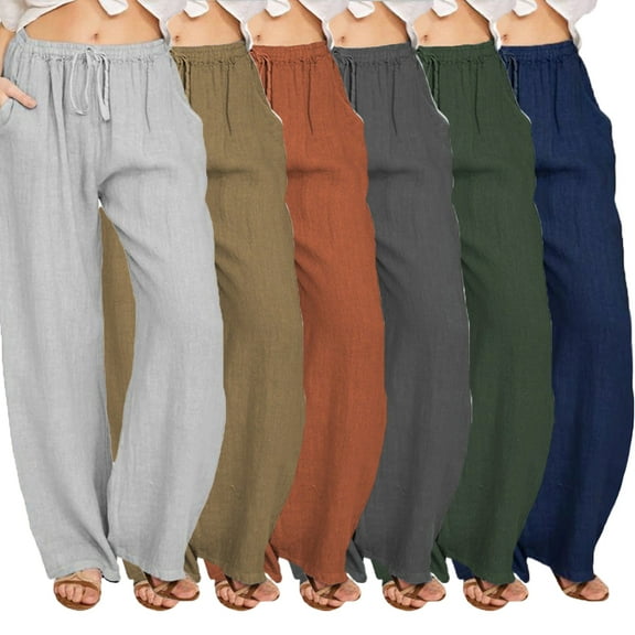FLMEI Women's Cotton Linen Pants Drawstring High Waisted Casual Pants Summer Loose Fit Wide Leg Trousers for Womens S-XXXL