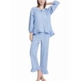 thumbnail image 2 of Womens Plaid Pajamas 2 Piece Cotton Pj Set Puff Sleeve Ruffle Babydoll Shirt Gingham Pants Lounge Sets Royal Blue XL, 2 of 9