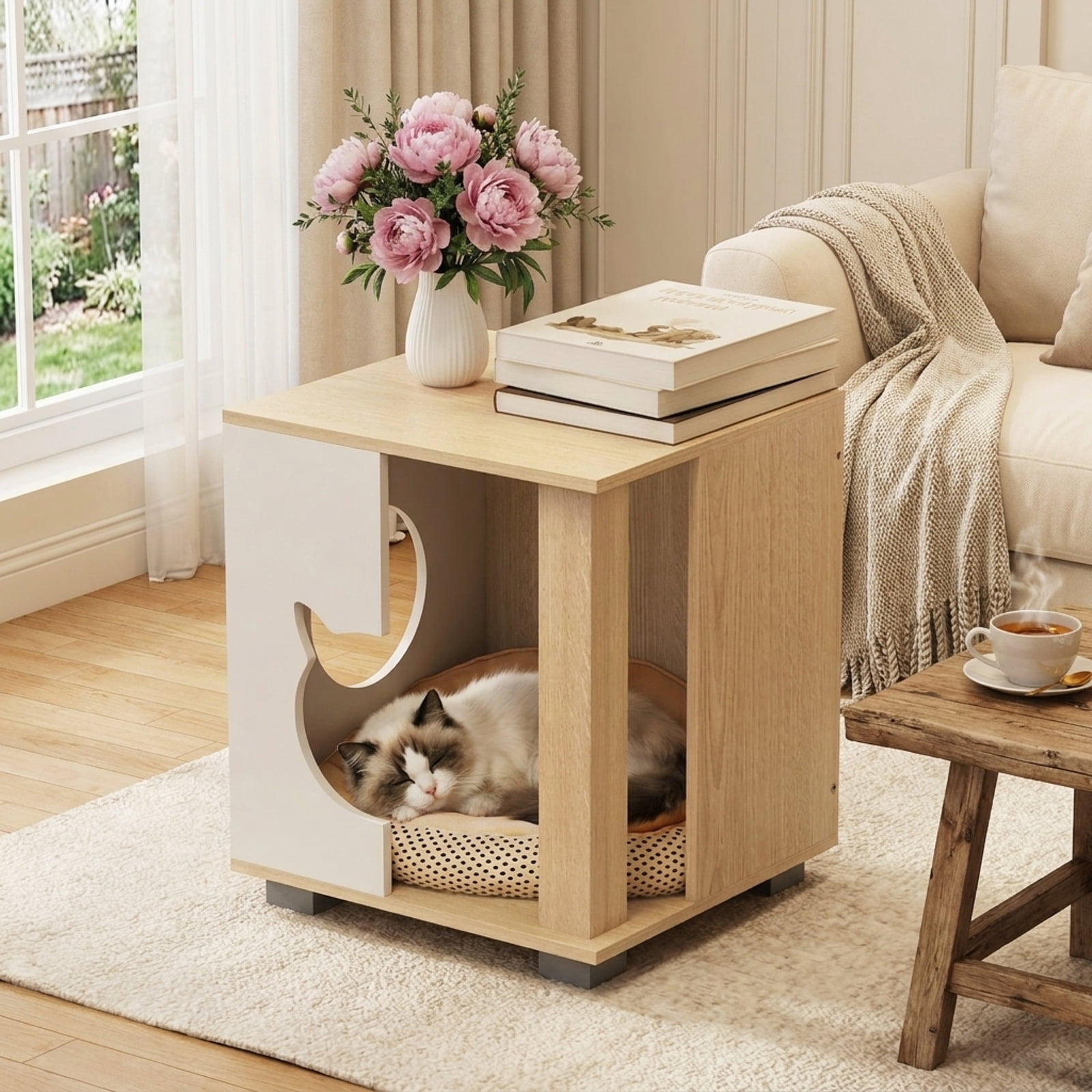 SUGIFT Wooden Cat Condo Side Table, Semi Enclosed Modern Pet House End Table Nightstand with Kitty Head Shaped Entry, Thick Metal Legs and Ventilated Hideaway for Living Room Bedroom, Natural