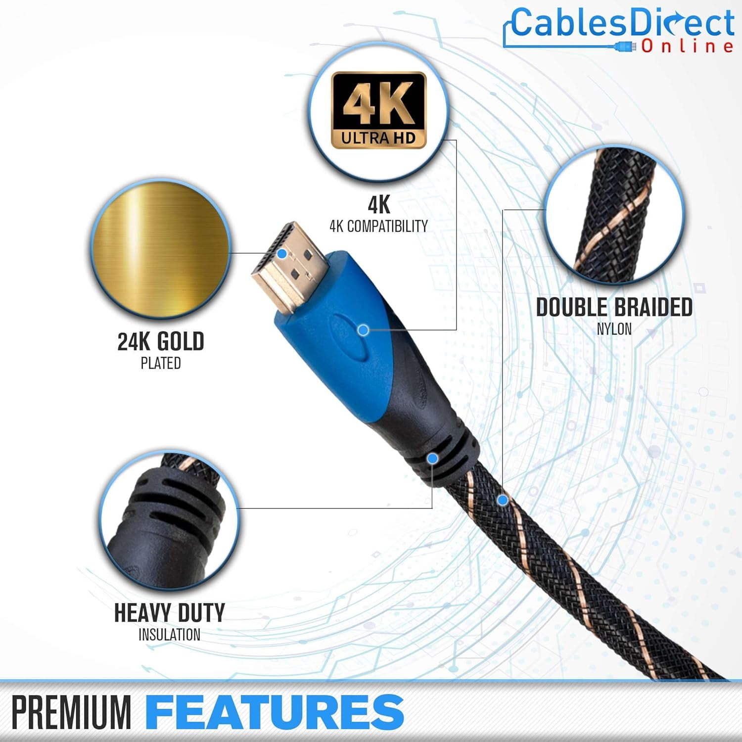 4K HDMI 2.0 Cable, Gold Plated, ARC & Ethernet, Compatible with TV, DVD, PS4/PS5, Xbox, Blu-ray, 1.5FT, Black, 3 pack, Cables Direct Online