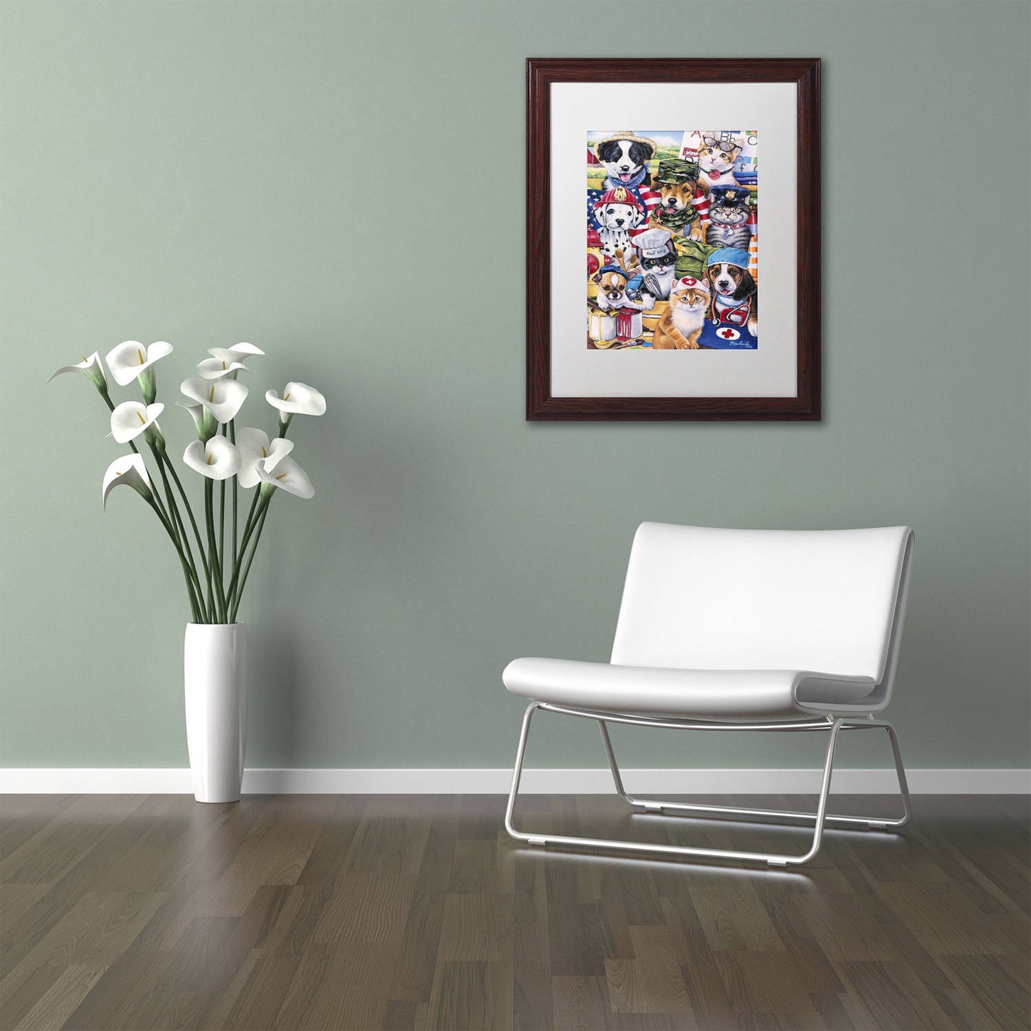 Trademark Fine Art 'Working Paws' Canvas Art by Jenny Newland, White Matte, Wood Frame