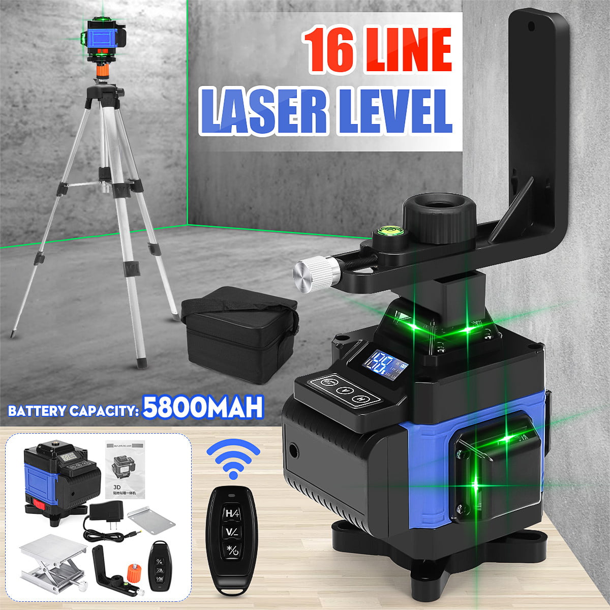 16 Line 4D Digital Laser Level Digital Self Leveling 360° Rotary Measuring 