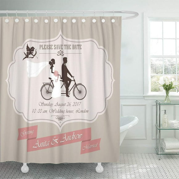 SUTTOM Wedding The Bride and Groom on Retro Tandem Bicycle Shower Curtain 60x72 inch