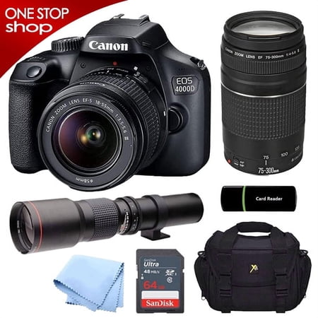 Canon EOS Rebel 4000D DSLR Camera with 18-55mm is II Lens Bundle + Canon EF 75-300mm f/4-5.6 III Lens and 500mm Preset Lens + 64GB Memory + Padded Case