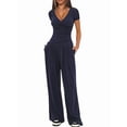 thumbnail image 3 of Womens V Neck Short Sleeve Top Wide Leg Pants Casual Comfortable Outfit Set Two Piece Dark Blue [Short Sleeve] M, 3 of 5