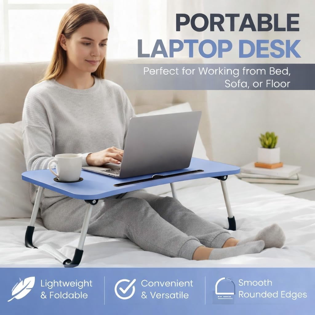 WSA Foldable Lap Desk with Drawer & Cup Holder, 23.6” Portable Laptop Bed Tray Table with Tablet Slot, Non-Slip Laptop Desk for Bed Couch Sofa, Working Writing Eating Breakfast (Blue)