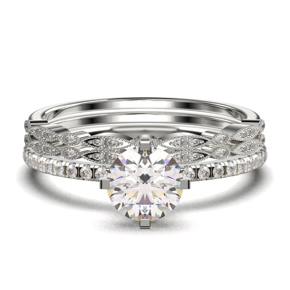 Dazzling Art deco 1.75 Carat Round Cut Diamond Moissanite Engagement Ring, Wedding Ring, Two Matching Band in 10k Solid White Gold, Gift For Girlfriend, Small Promise Ring, Trio Set