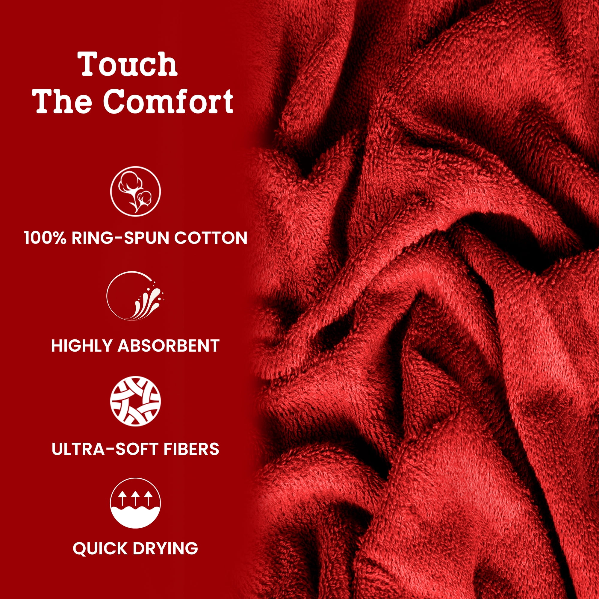 Casa Lino 8Pc Premium Bath Towel Set (2 Bath Towels, 4 Washcloths, 2 Hand Towels) - 100% Cotton, 400GSM & Ultra Absorbent (Red)
