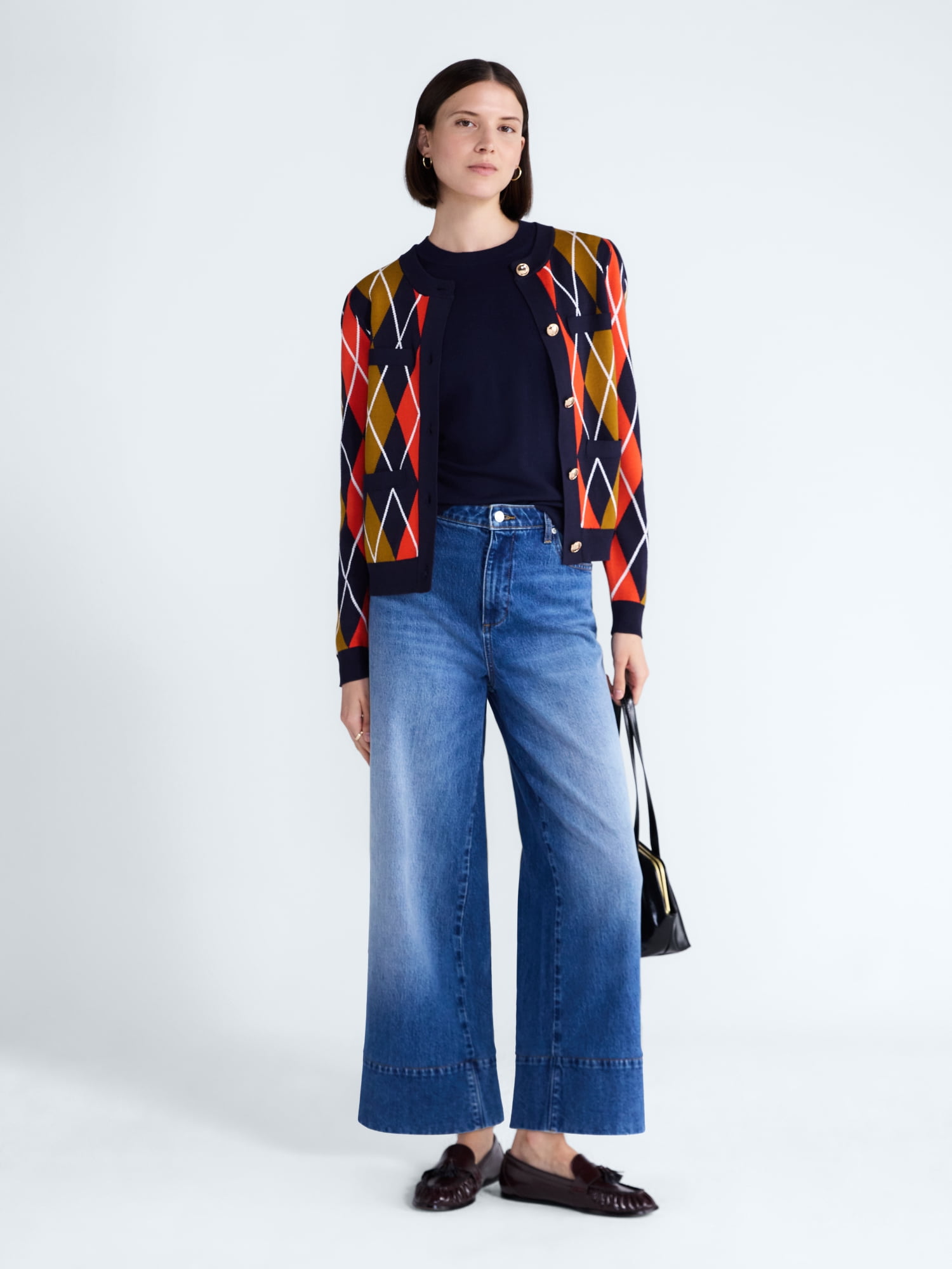 Free Assembly Women's and Women's Plus Argyle Cardigan Sweater with Puff Sleeves, Midweight, Sizes XS-4X
