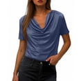 thumbnail image 3 of Rvasteizo Summer Tops for Women Solid Fashion Cowl Neck Breathable Short Sleeve Casual Breathable Ladies Daily Relaxed Pullover Blouse, 3 of 5