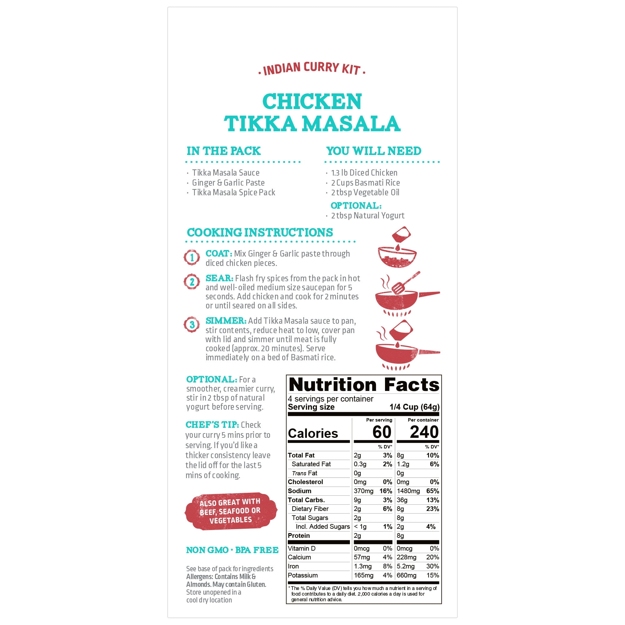 (4 pack) Street Kitchen Chicken Tikka Masala Indian Meal Kit, 9 oz, Shelf Stable