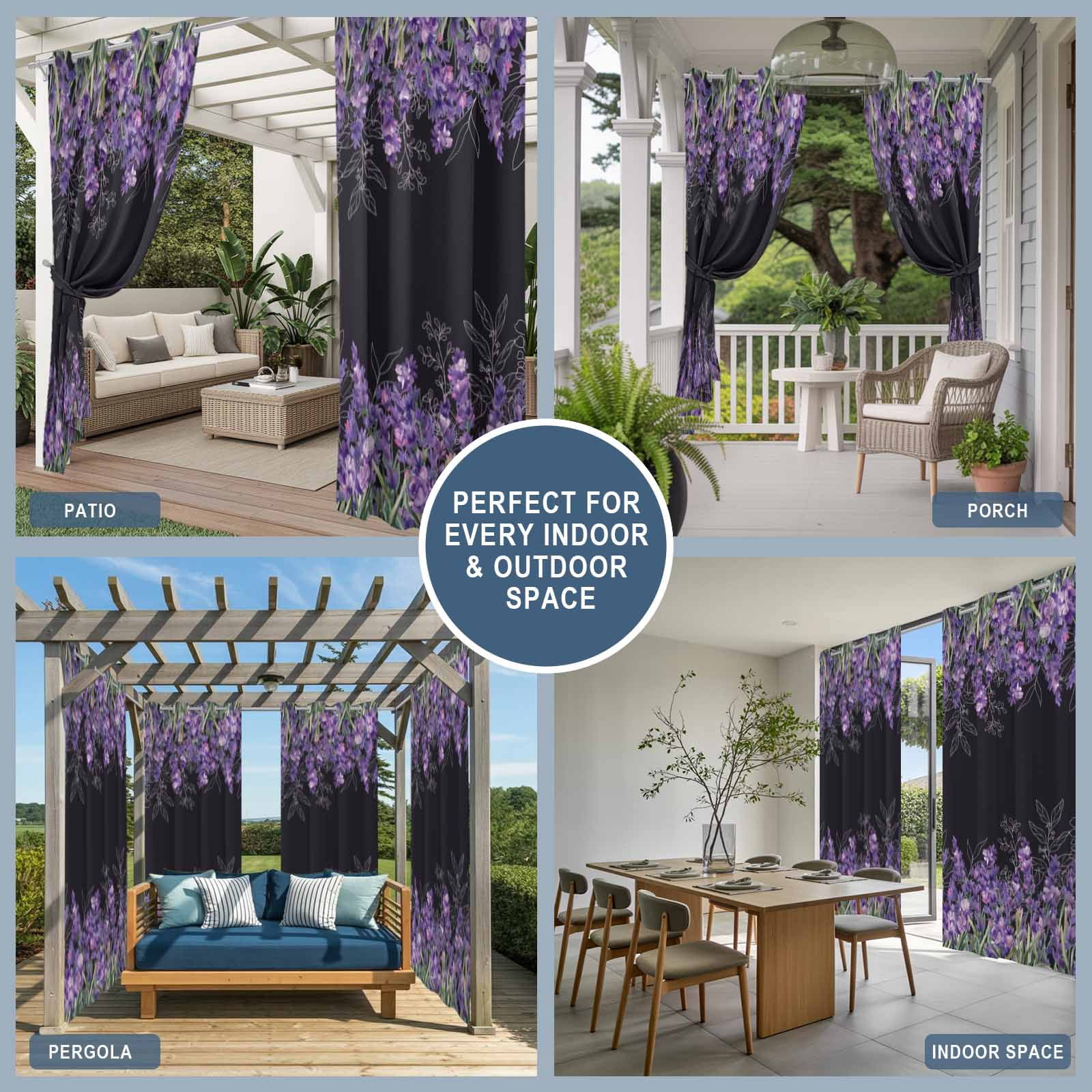 Outdoor Curtains for Patio Waterproof, Purple Lavender Outdoor Privacy Panels Grommet, Spring Watercolor Wildflowers Plant Black Blackout Outside Curtains for Porch/Cabana 54"x108", 1 Panel