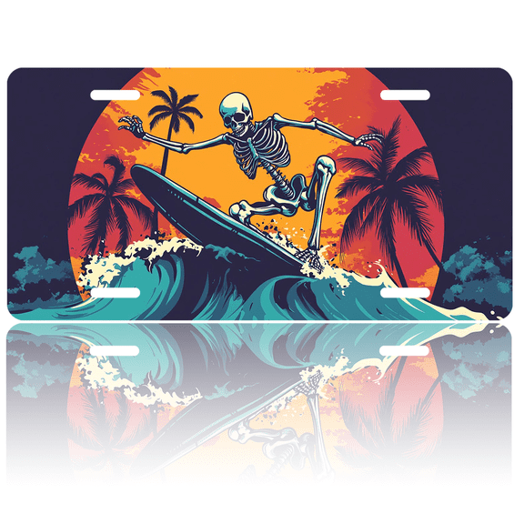 1 Pcs 2D Flat License Plate Covers & Frames, Skeleton Surfing at Sunset For Decorative Front, Waterproof For Decoration Aluminum License Plate Covers & Frames Cover For Men Women, 12" X 6"