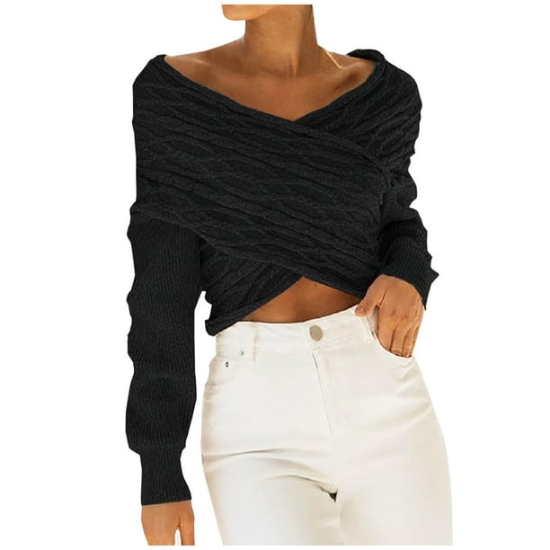 VEKDONE Clearance 2023 Women Casual V Neck Long Sleeve Sweaters Cross Wrap  Front Off Shoulder Asymmetric Hem Knitted Crop Solid Pullover Tops