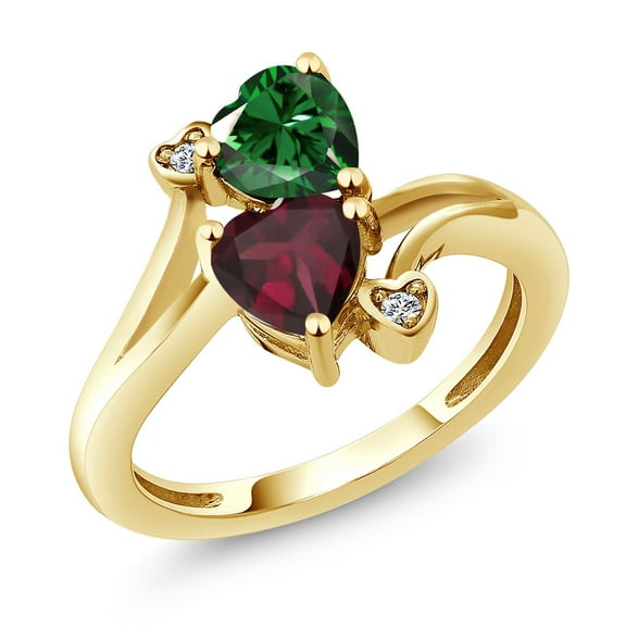 Gem Stone King 18K Yellow Gold Plated Silver Green Nano Emerald Red Rhodolite Garnet and White Moissanite Ring for Women (1.45 Cttw, Heart Shape 6MM, Gemstone May Birthstone, Size 8)