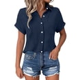 thumbnail image 2 of Womens Gauze Shirts Button Down Dress Shirts Casual Short Sleeve Textured Collared Summer Work Blouse Camping Clothes Blue M, 2 of 5