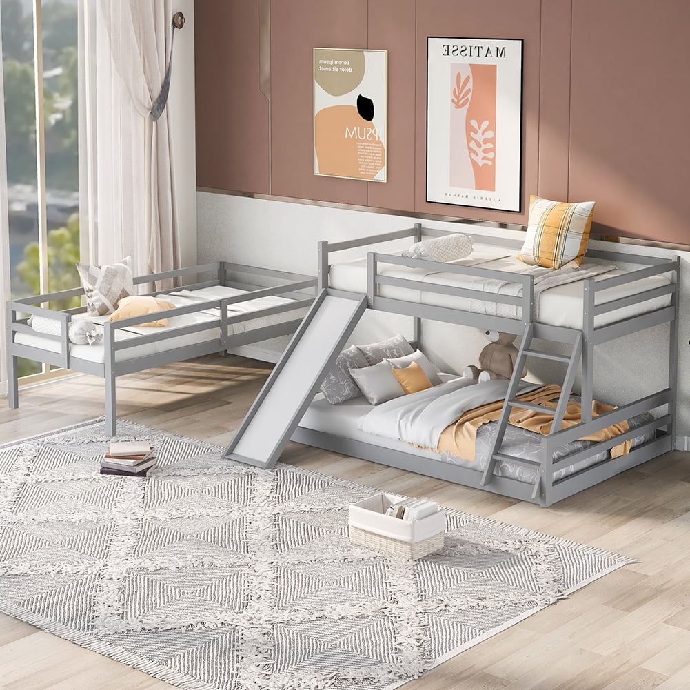 Kadyn Twin over Twin over Full Triple Bunk Bed with Convertible Ladder and Slide,Gray