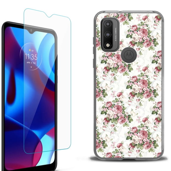Slim-Fit Protective Phone Case (Black) compatible with Motorola Moto G Pure 5G, with Tempered Glass Screen Protector, by OneToughShield ® - Floral/Rose