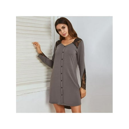 

Ochine Nightgown for Women Sexy Nightwear V Neck Lace Trim Long Sleeves Fake Placket Sleep Dress S-2XL