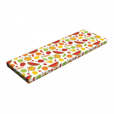 Food Bench Pad, Cartoon Pattern of Pepper Apple Watermelon Kiwi Carrot Cherry Peas Orange Lemon, HR Foam Cushion with Decorative Fabric Cover, 45" x 15" x 2", Multicolor, by Ambesonne