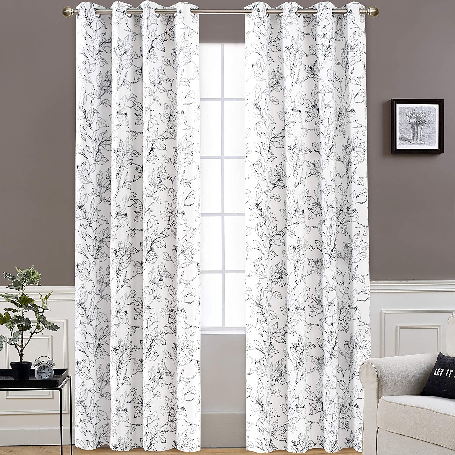 DriftAway Ryan Sketch Branch Leaves Blackout Room Darkening Grommet Lined Thermal Insulated Energy Saving Window Curtains 2 Layers 2 Panels Each 52 Inch by 84 Inch Black Line 