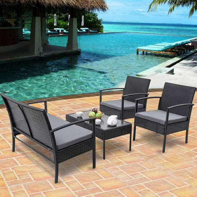 Gymax Ensemble de Mobilier de Patio et de Jardin en Rotin Osier 4 Pcs Noir
