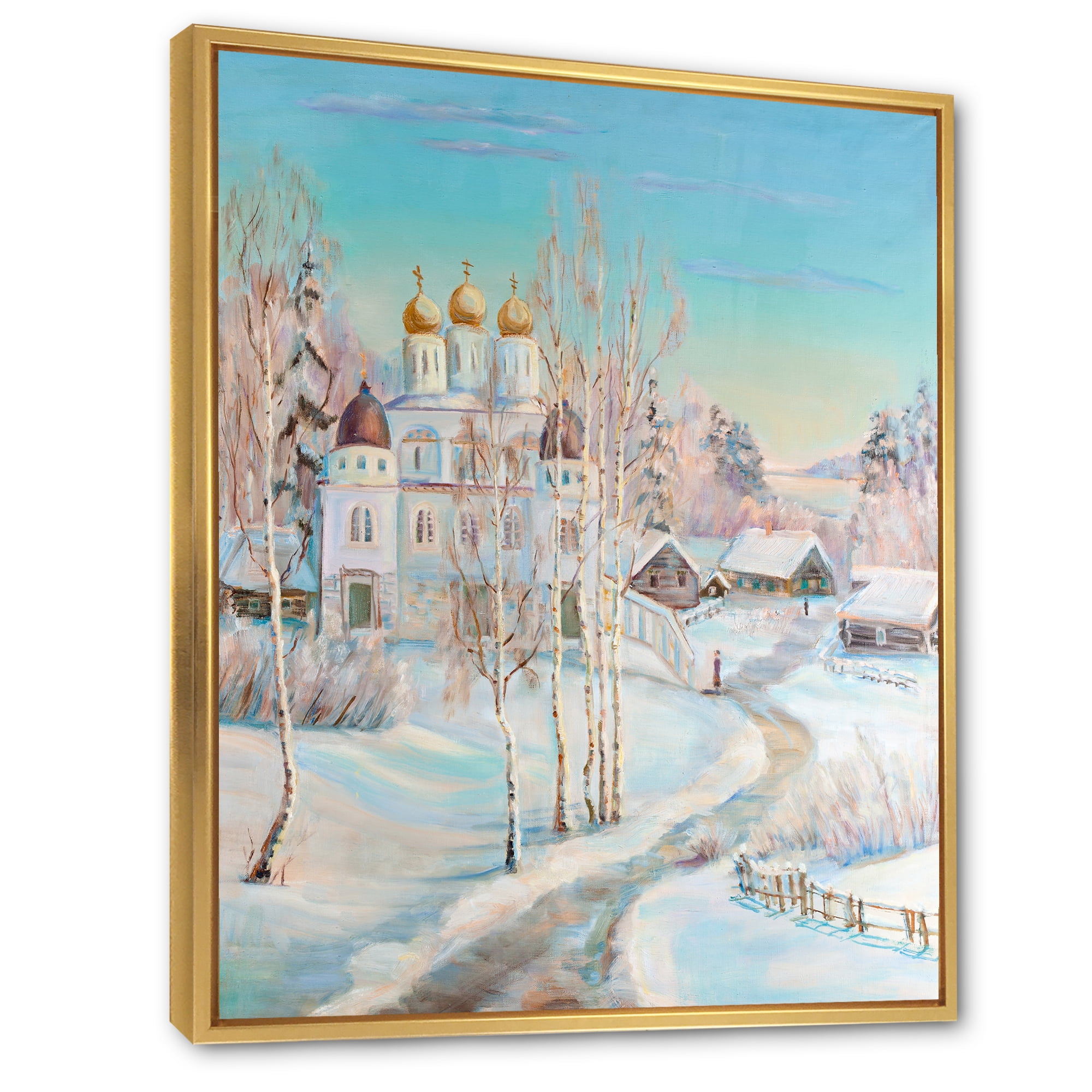 Designart 'Temple Over Country Road In Winter Landscape' Traditional Framed Canvas Wall Art Print