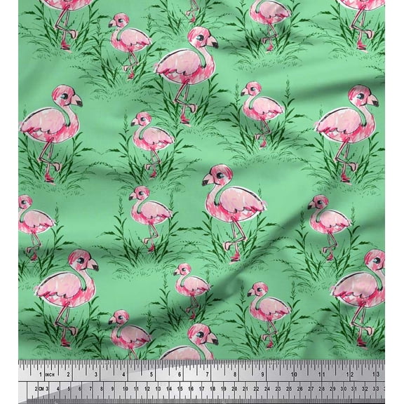 Soimoi Green polyester Crepe Fabric Grass & Flamingo Bird Print Fabric by the Yard 52 Inch Wide