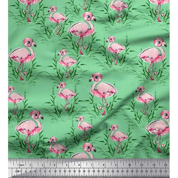 Soimoi Green Rayon Fabric Grass & Flamingo Bird Print Fabric by the Yard 42 Inch Wide