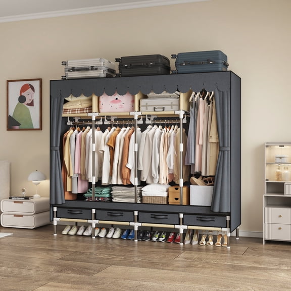 67 Inch Closet Organizer with 4 Hanging Rods & 4 Drawers, Portable Closet Organizer and Storage, Clothing Rack Shelf Wardrobe Cabinet, Tool-Free Assembly, Grey & Brown