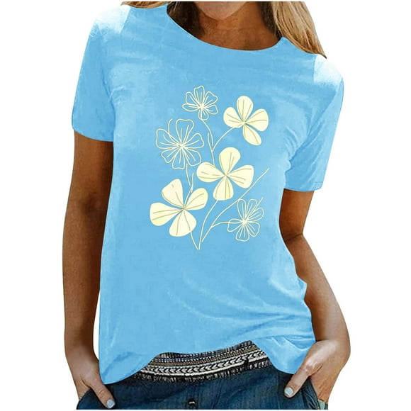 Tnhcen Women's Summer Short Sleeve Crew Neck Clover Print T-Shirt - Plus Size Friendly S-3XL | Soft Polyester Spandex Cotton Blend Casual Basics