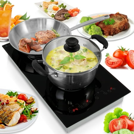 NutriChef 1800 Watt Adjustable Temperature Electric Dual Induction Double Countertop Cooktop Burner with Digital Controls and Countdown Timer, Black