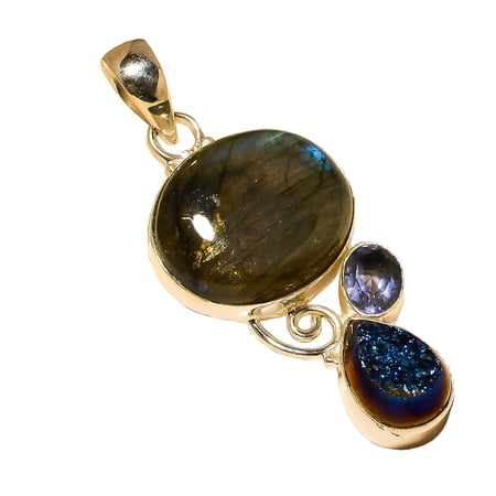 Labradorite & Titanium Druzy Iolite Solid 925 Sterling Silver Pendant Size 2.20"Natural Pendant, Black Pendant, 925 Sterling Silver Pendant, Labradori