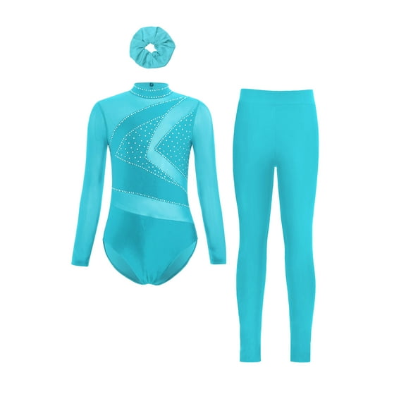 TSSOE Kids Girls Three-Piece Gymnastics Leotard Set Long Sleeve Unitard with Leggings Pants and Hairband Blue Green 14