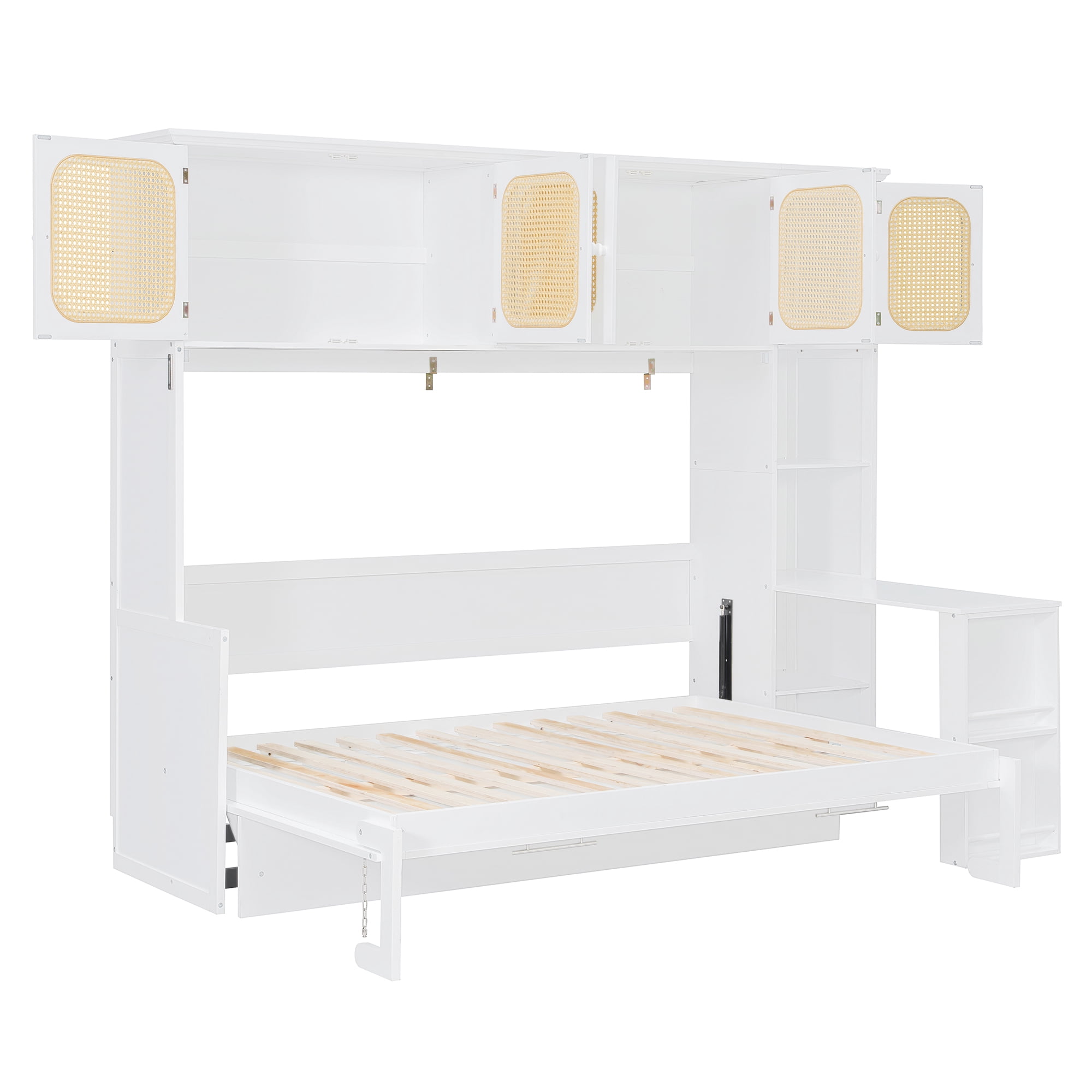 Mintazer Full Size Rattan Murphy Wall Bed with Desk & Side Bookshelf, Folding Bed with 5 Rattan Storage Cabinets for Guest Room Apartment, White