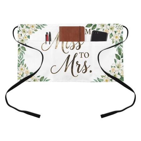 From Miss To Mrs Kitchen Restaurant Half Waist Apron, Wedding Party Floral White Flowers Leaf Server Short Apron with 3 Pockets Waterproof Oil Waist Aprons for Women Waitress Waiter