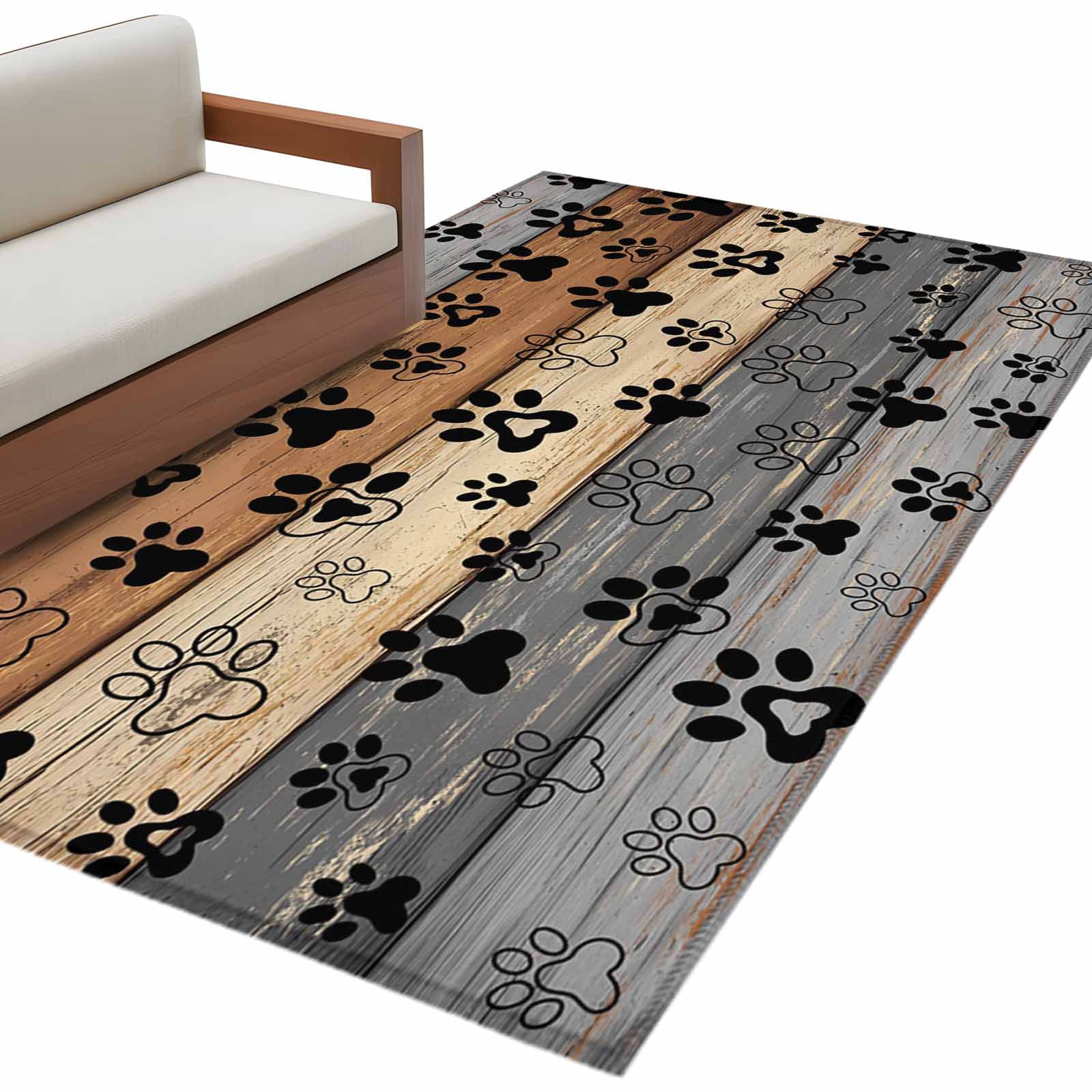 Area Rug for Living Room, Haze Blue Brown Non-Slip Indoor Large Carpet for Bedroom/Dining Room, Rustic Farmhouse Dog Paw Vintage Washable Low-Profile Rectangle Floor Mat Runner Rugs - 3 x 5 Ft