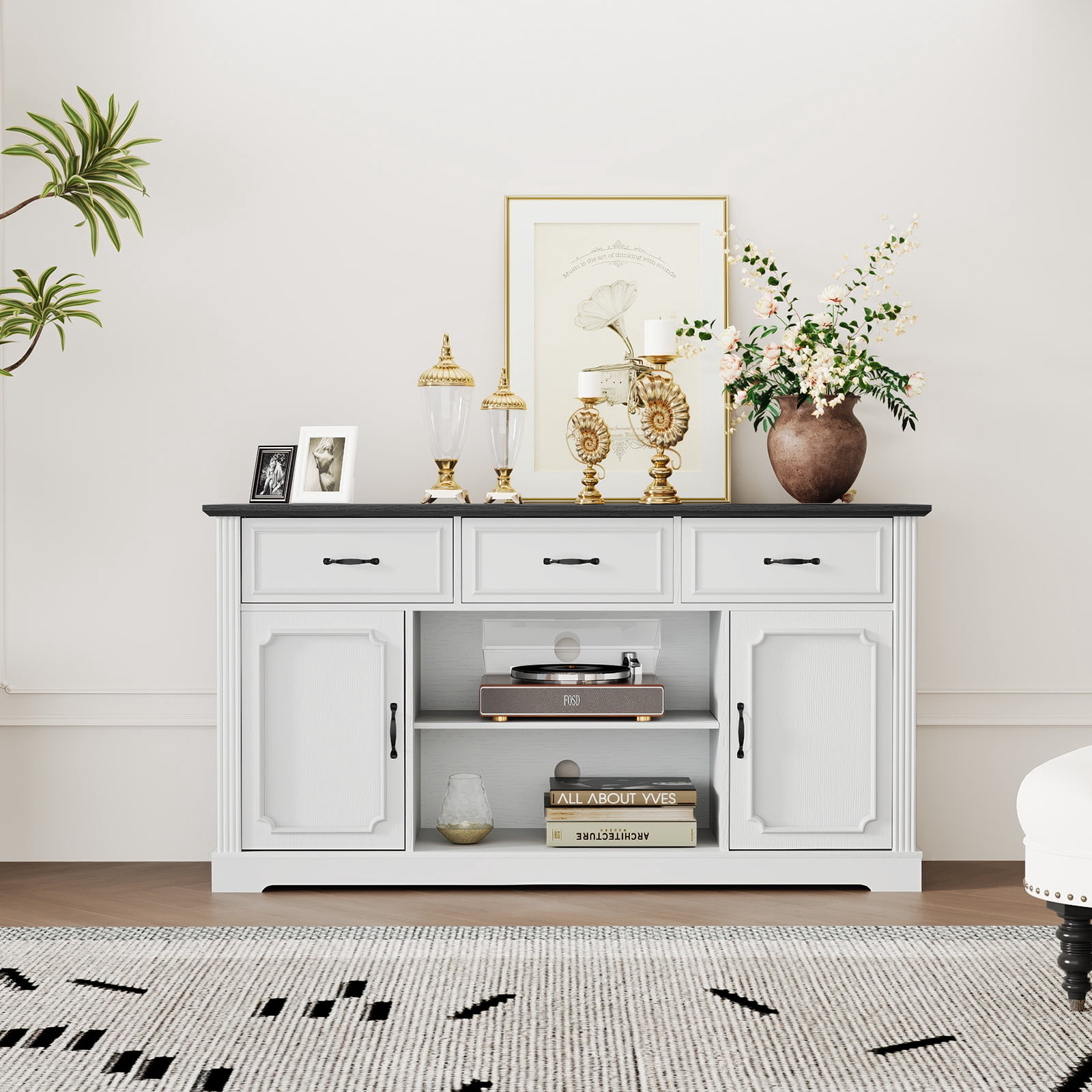 HLR Mid Century 60" TV Stand for TV up to 65", Entertainment Center with Drawers Storage for Living Room, White