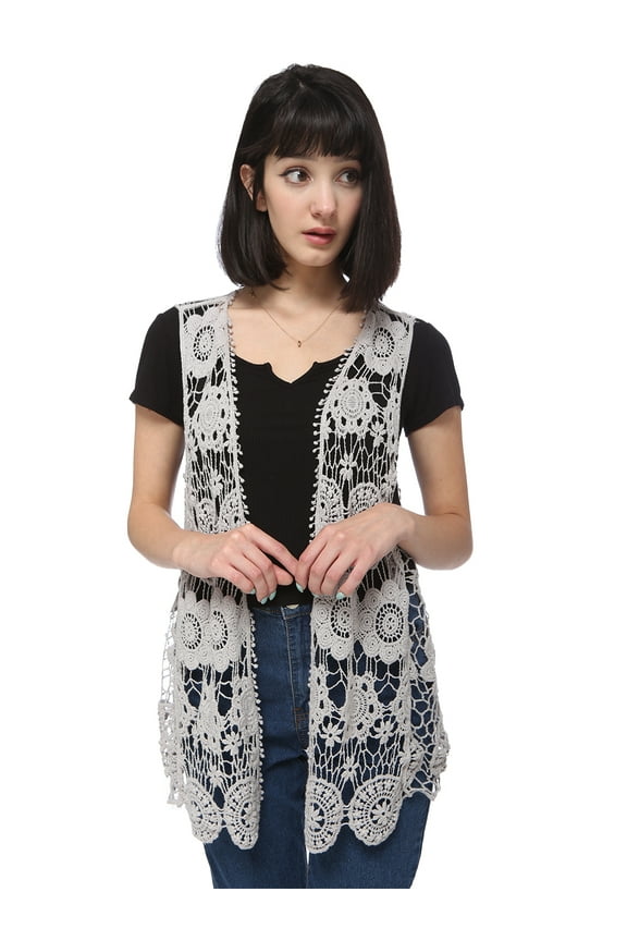 Casual Womens Floral Crochet Lace Trim Sleeveless Pom Fringe Open Front Vest Cardigan