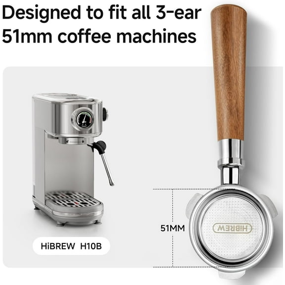 51mm 3 Ear Bottomless Portafilter for H10B Coffee - Stainless Steel with Rosewood Handle