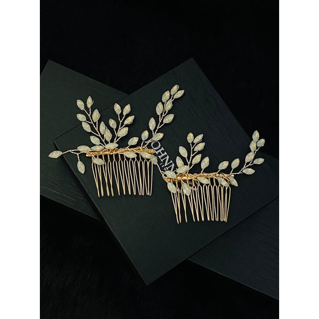 VANESSA - 2PCS SET OPAL CRYSTAL FLOWER HAIR COMBS IN GOLD