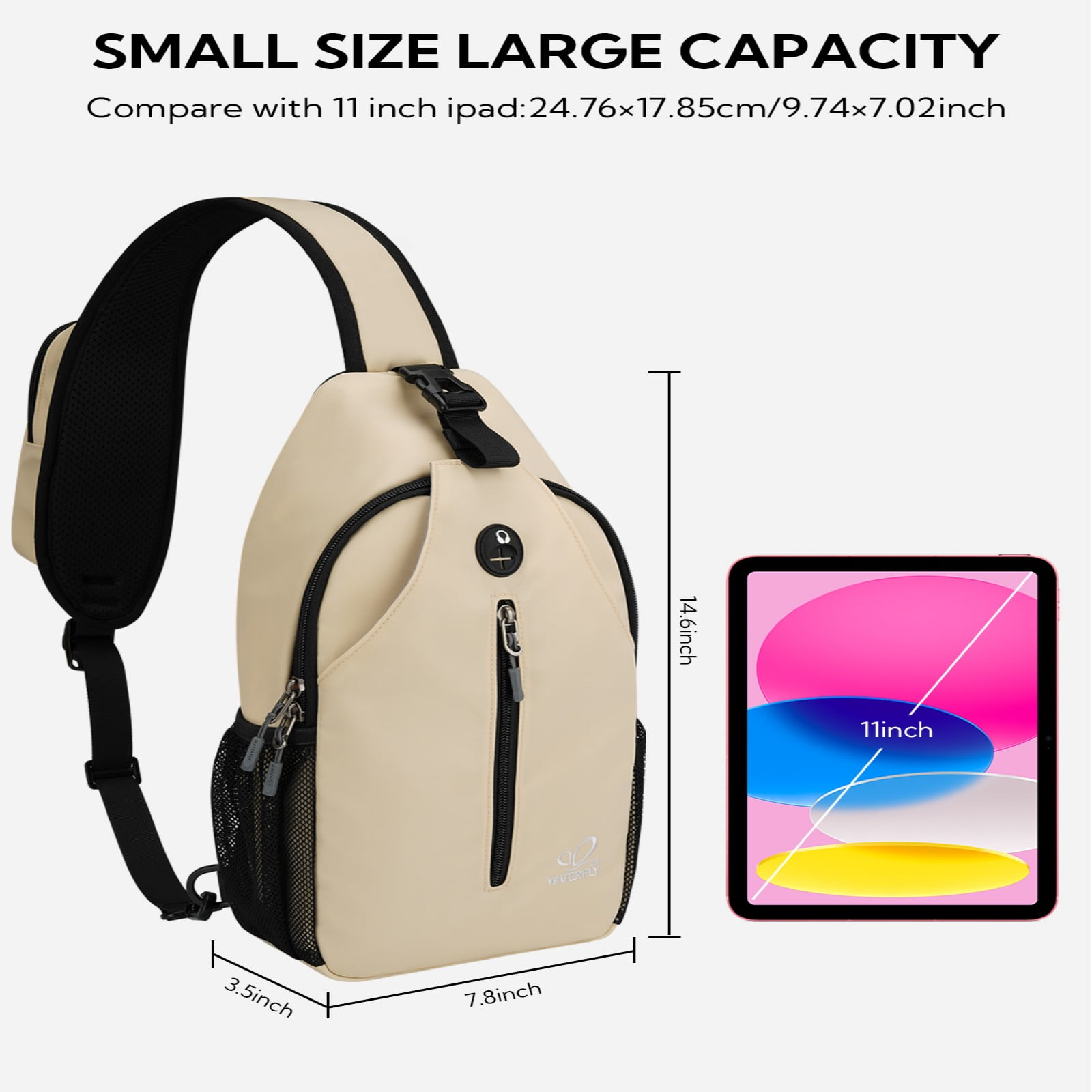 WATERFLY Unisex Hiking Travel Nylon Sling Bag Cross-Body Shoulder Chest Bag,Beige