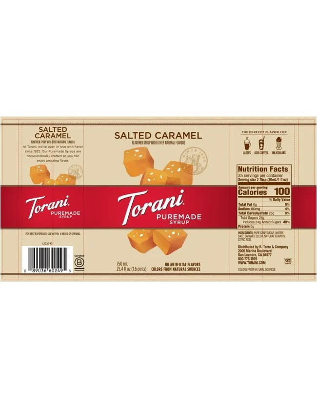 Torani Puremade Salted Caramel Flavouring Syrup, 25.4 fl oz (750ml) Glass Bottle with Absol Gold Pump
