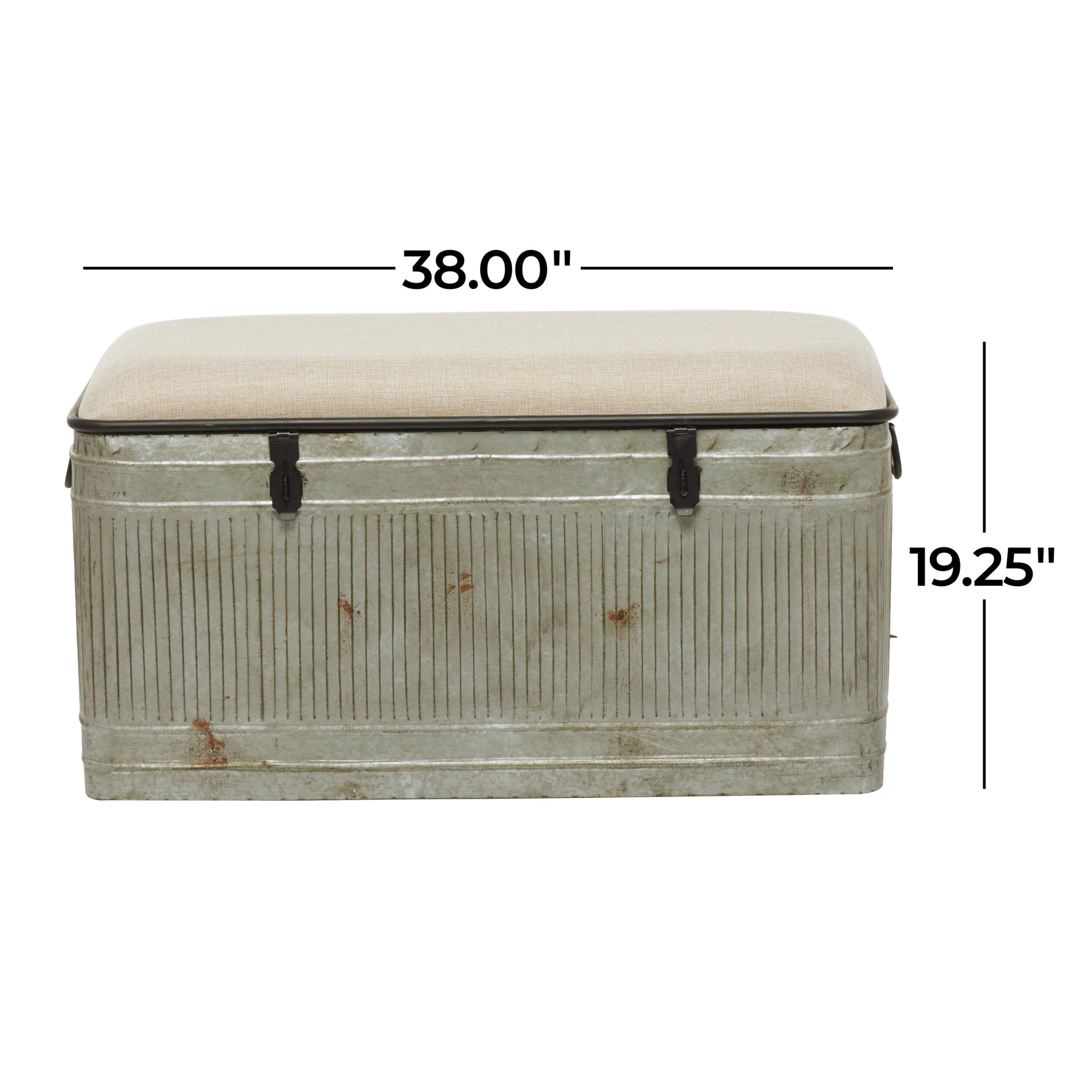 DecMode Metal Galvanized Storage Bench with Cream Burlap Top and Black Latches, Gray