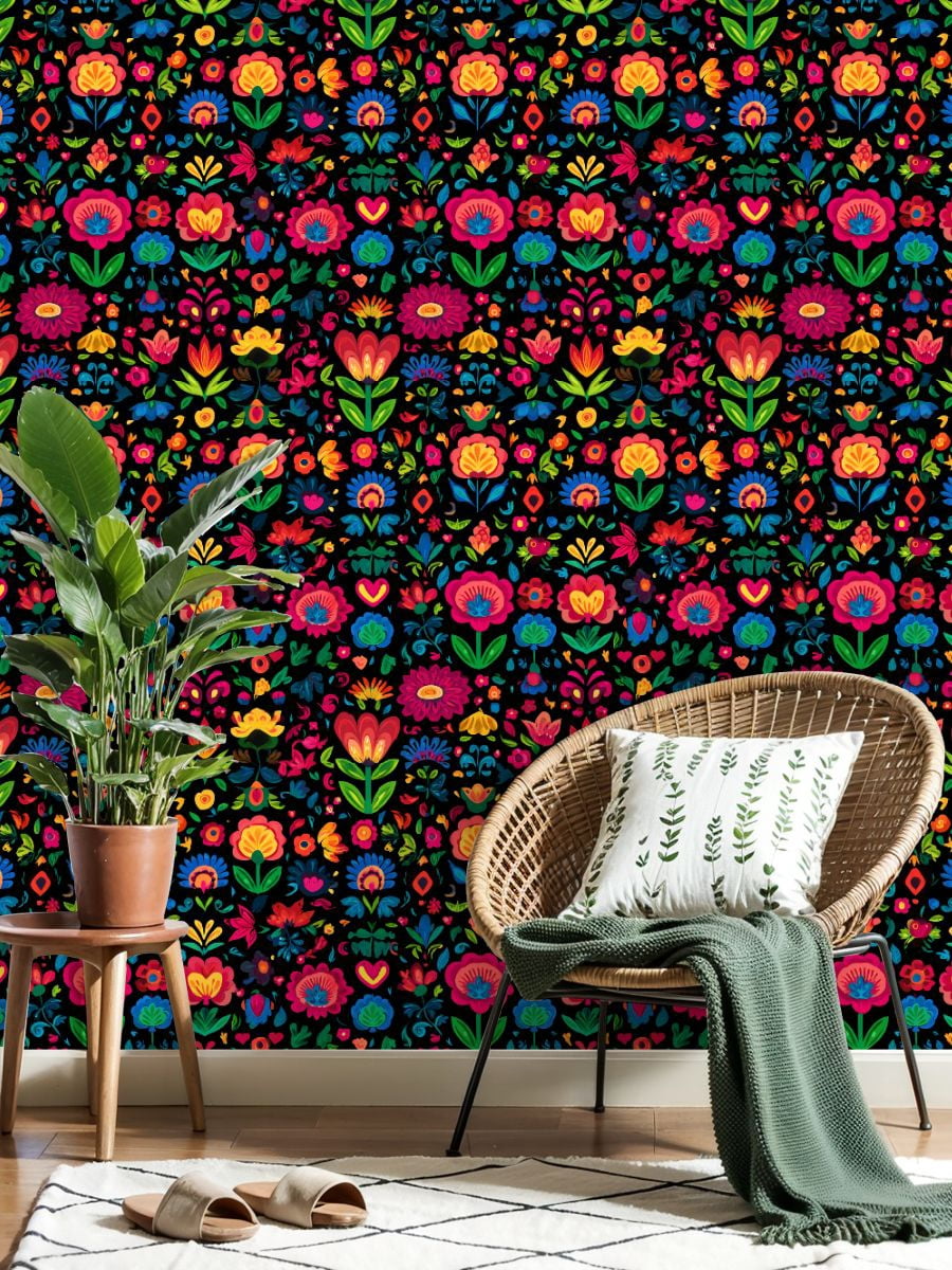 Peel and Stick Wallpaper Colorful Symmetrical Floral Folk Art Bright Flowers Wall Mural 17.7in x 9.8ft Self Adhesive Removable Wall Paper Renter Friendly Wallpaper for Nursery Bedroom Cabinets